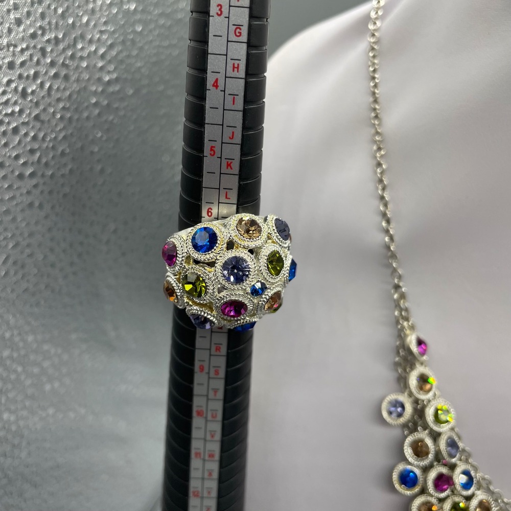 Multi Color Rhinestone Silver Tone Statement Jewelry Set Necklace Bracelet Ring - Picture 8 of 14